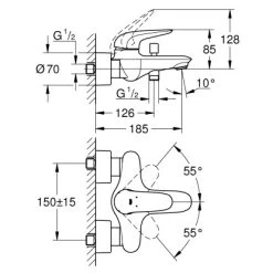 Grohe Einhebelmischer-Wannenarmatur Eurostyle Moon White -Grohe wannenbatterie mazeichnung 1